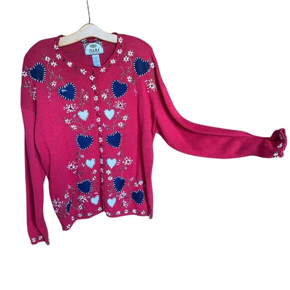 Vintage Tiara Red and Blue Cardigan Sweater with embroidery large cottagecore - Picture 1 of 8